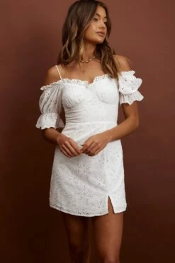 Toluca Puff Sleeve Frill Trim Eyelet Dress White -Bridal Dr. Denim Store ST3173J 20WHITE 4