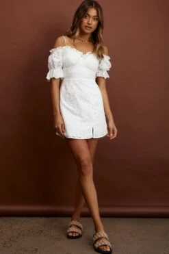 Toluca Puff Sleeve Frill Trim Eyelet Dress White -Bridal Dr. Denim Store ST3173J 20WHITE 5
