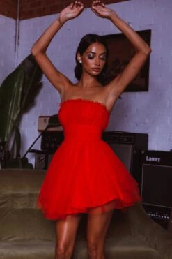 Fayette Strapless Mesh Mini Dress Red -Bridal Dr. Denim Store ST3463D 20RED 5