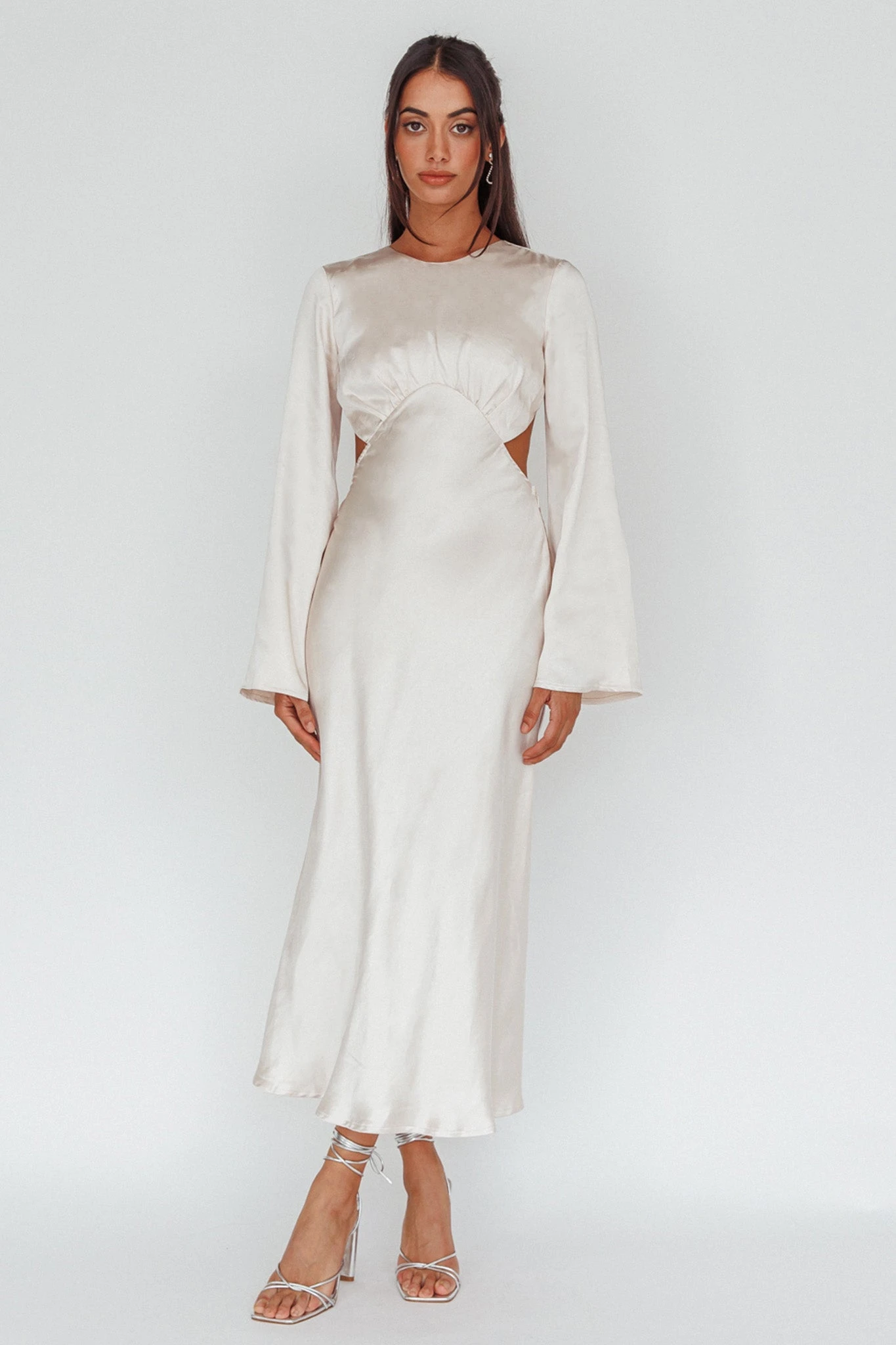 Doting Bell Sleeve Cut-Out Midi Dress Champagne 1 Doting Bell Sleeve Cut-Out Midi Dress Champagne