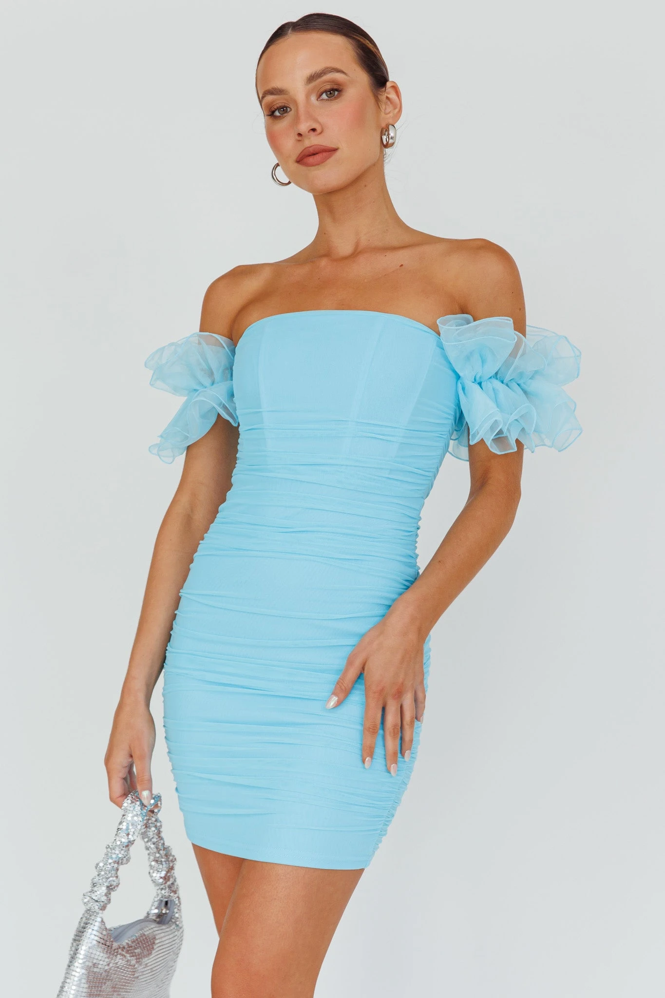 Star Dust Off-Shoulder Frill Sleeve Mini Dress Baby Blue 5 Star Dust Off-Shoulder Frill Sleeve Mini Dress Baby Blue - Image 5