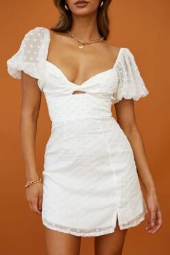 Molli Sheer Puff Sleeve Twist Feature Dress White 20 Molli Sheer Puff Sleeve Twist Feature Dress White -Bridal Dr. Denim Store kj0015d white 4