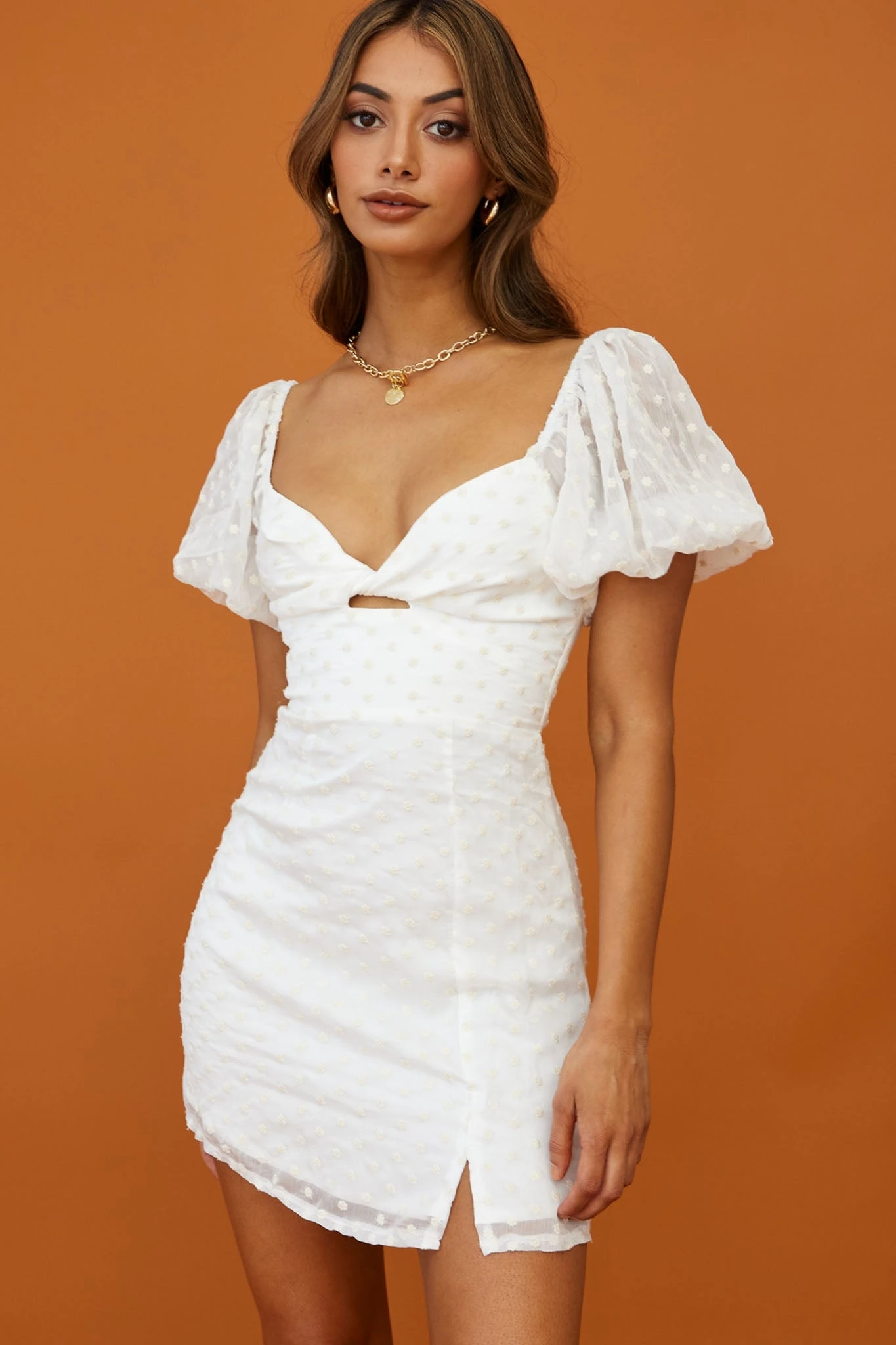 Molli Sheer Puff Sleeve Twist Feature Dress White 4 Molli Sheer Puff Sleeve Twist Feature Dress White - Image 4
