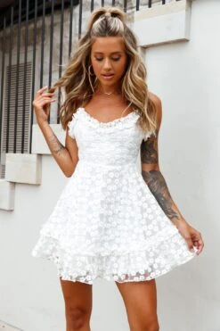 Summer Daze Frill Bust Floral Embroidered Overlay Dress White 11 Summer Daze Frill Bust Floral Embroidered Overlay Dress White -Bridal Dr. Denim Store kt0105d white 3
