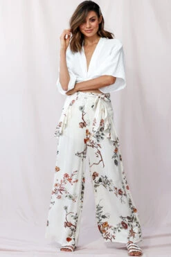 Amanda Wide-Leg Frill Detail Pants Floral Print Beige -Bridal Dr. Denim Store photo 1212 st2069b beige