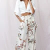Amanda Wide-Leg Frill Detail Pants Floral Print Beige