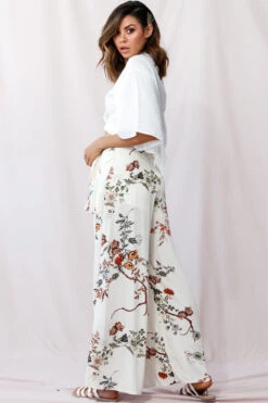 Amanda Wide-Leg Frill Detail Pants Floral Print Beige -Bridal Dr. Denim Store photo 1221 st2069b beige