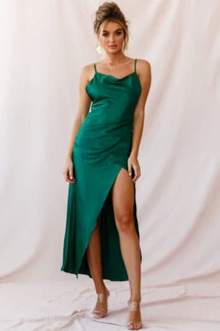 Hey Girl Long Satin Cowl Neck Dress Forest Green -Bridal Dr. Denim Store photo 2592 st1109b forest green
