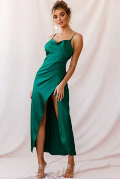 Hey Girl Long Satin Cowl Neck Dress Forest Green -Bridal Dr. Denim Store photo 2598 st1109b forest green