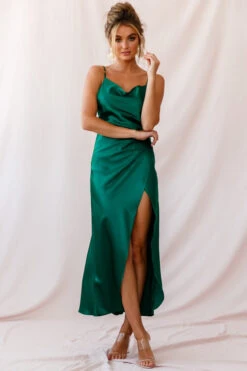 Hey Girl Long Satin Cowl Neck Dress Forest Green -Bridal Dr. Denim Store photo 2602 st1109b forest green