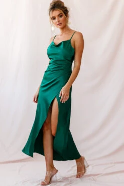 Hey Girl Long Satin Cowl Neck Dress Forest Green -Bridal Dr. Denim Store photo 2610 st1109b forest green