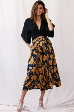 Danika Front Split Midi Culotte Pants Navy/Mustard