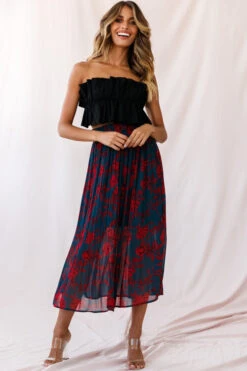 Caroline Accordion Pleat Midi Skirt Forest Green/Red -Bridal Dr. Denim Store photo 3280 26917b forest green red
