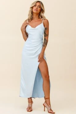 Hey Girl Long Satin Cowl Neck Dress Steel Blue -Bridal Dr. Denim Store st1109b06 steel blue 2