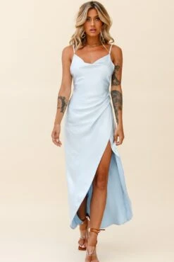 Hey Girl Long Satin Cowl Neck Dress Steel Blue -Bridal Dr. Denim Store st1109b06 steel blue 6